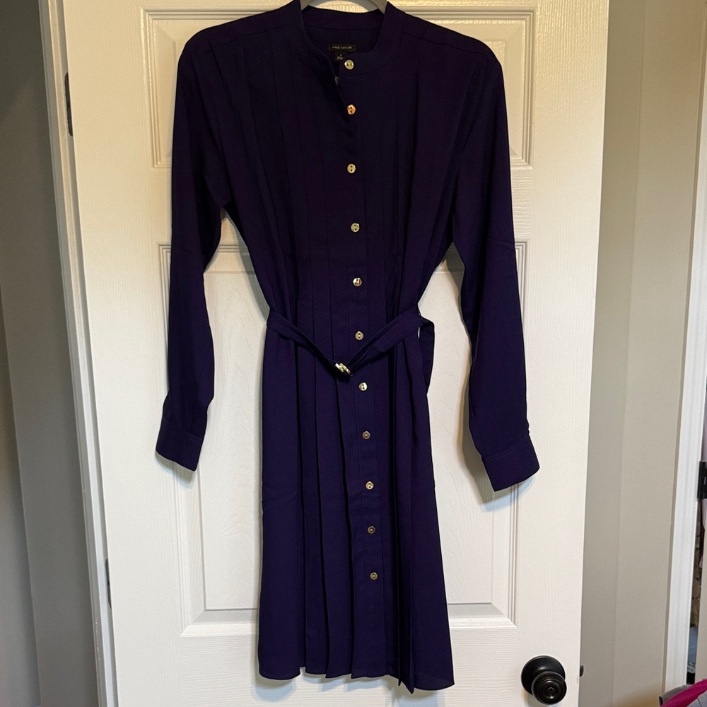 Ann Taylor Deep Purple Long Sleeve Pleated Dress With Belt